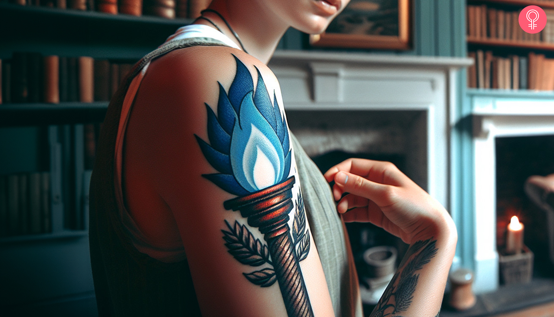 Blue torch tattoo on the upper arm of a woman