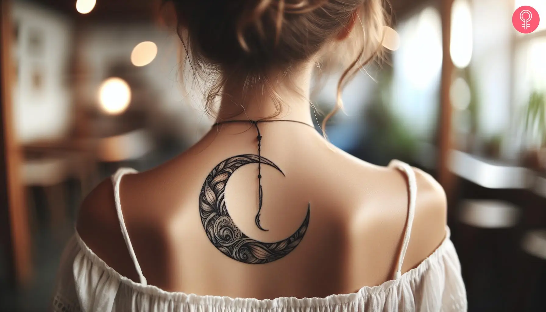 Boho moon tattoo on the upper back of a woman