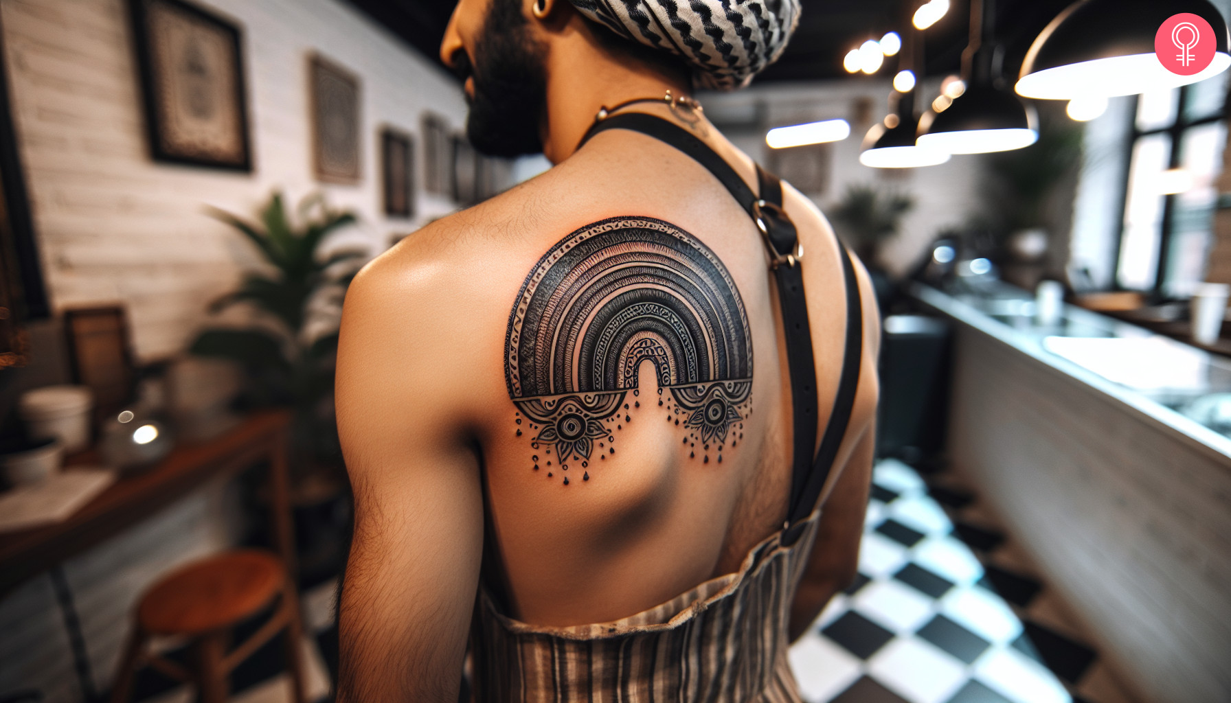 Boho rainbow tattoo on the back of a man