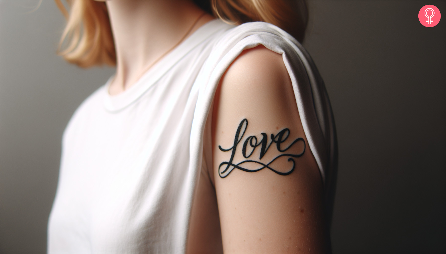 The word love inked in cursive on the upper arm.