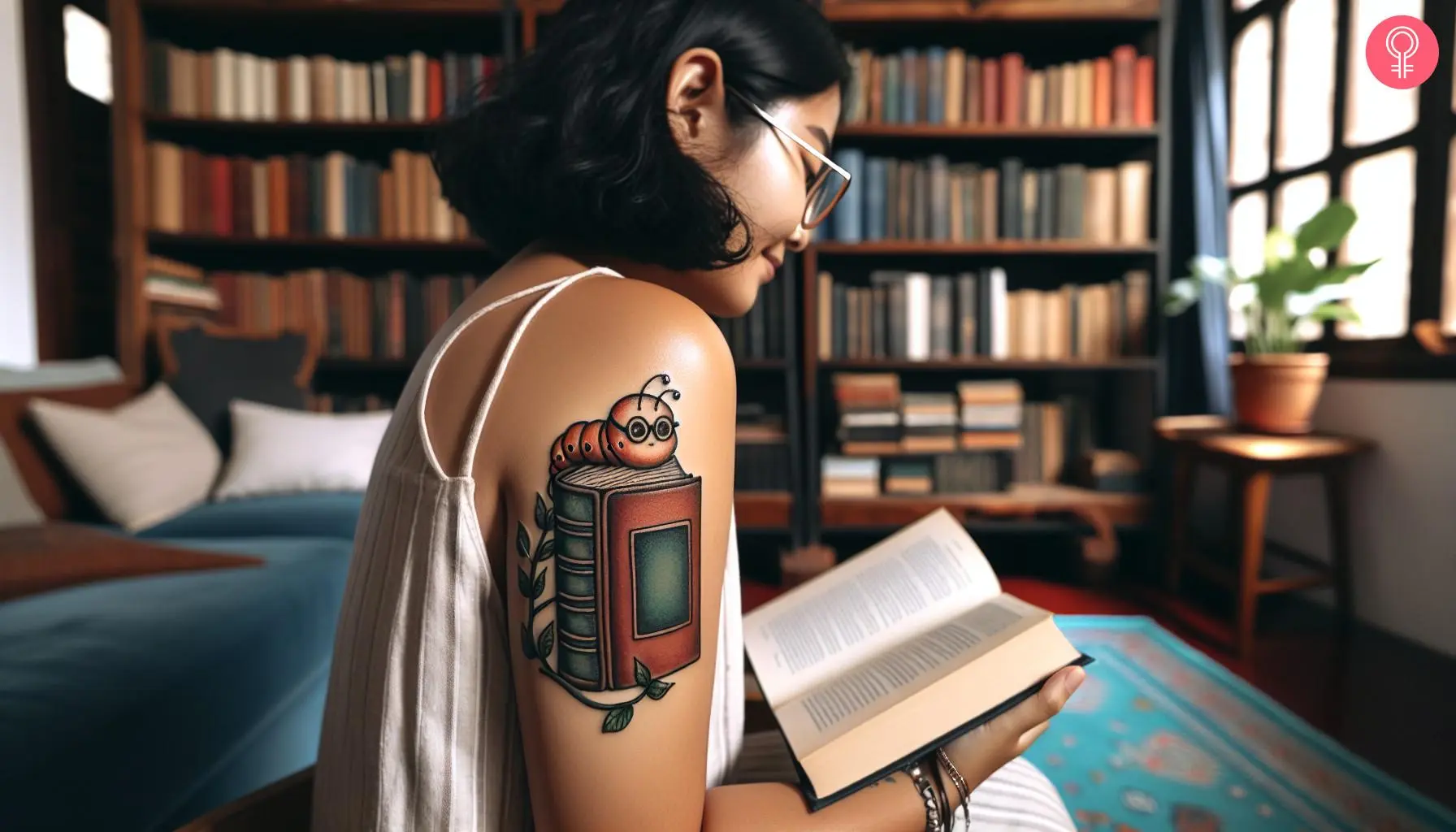 Woman with a Bookworm tattoo on the upper arm