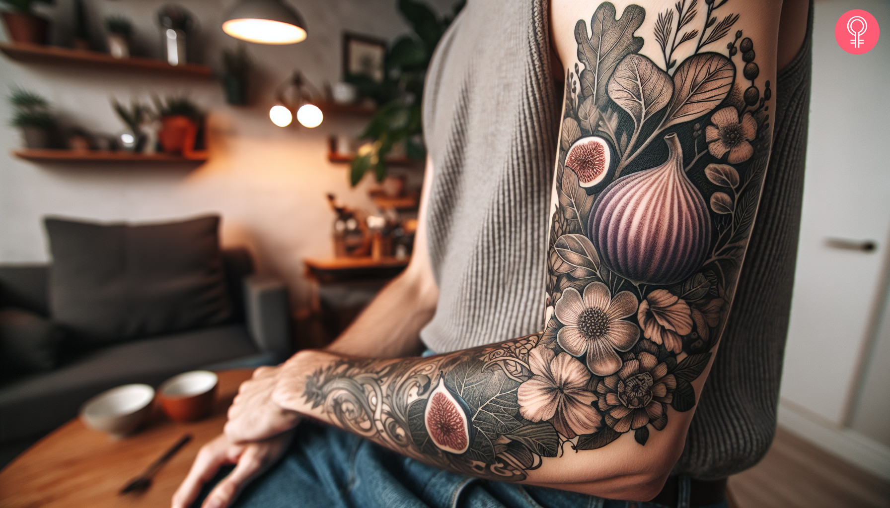 Botanical Fig and flower tattoo on the sleeve