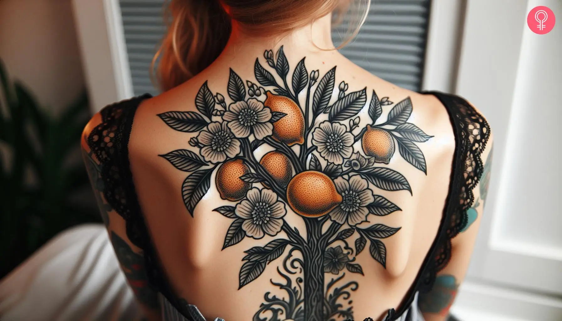 Botanical lemon tattoo on the upper back