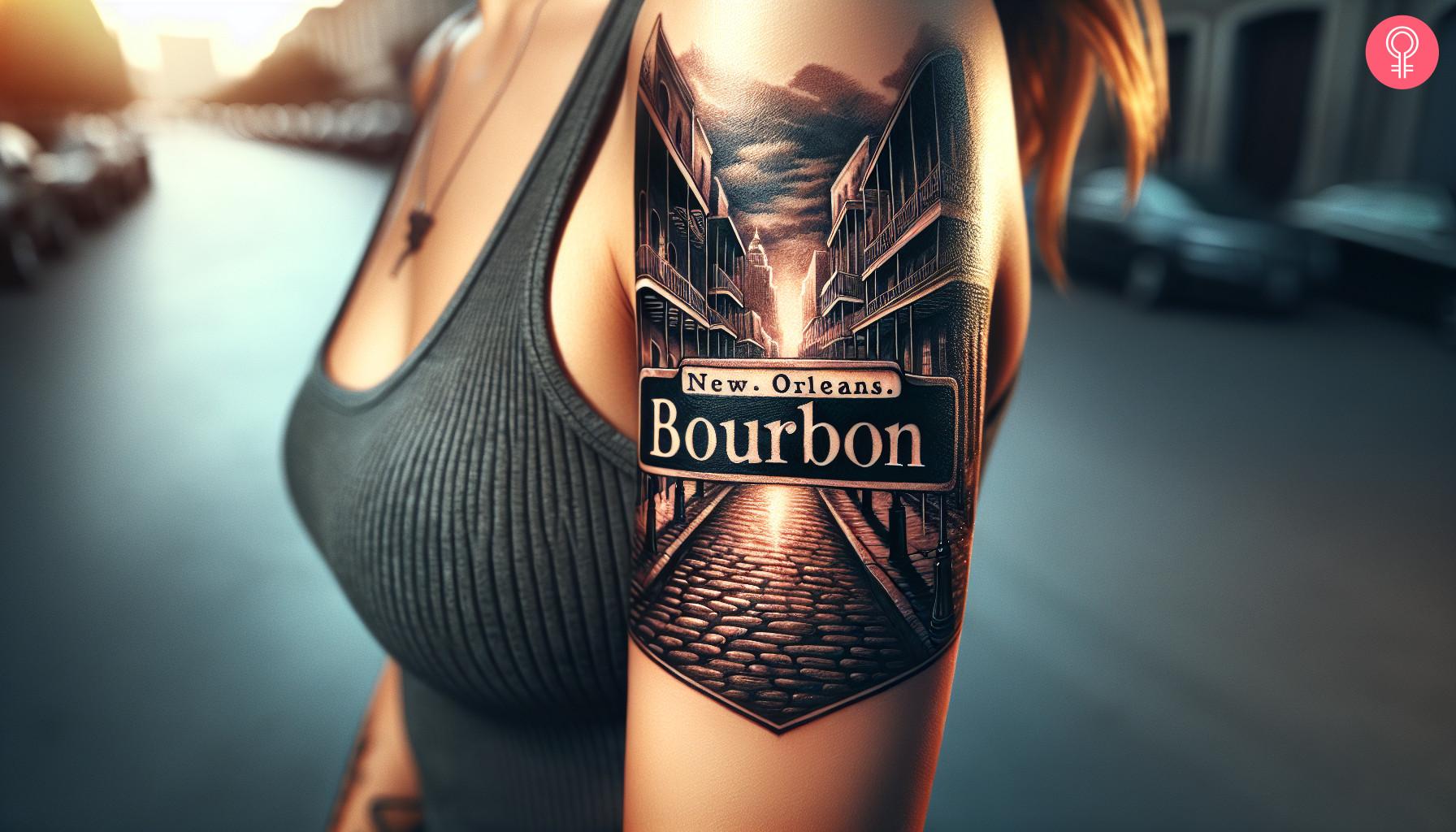 Bourbon street sign tattoo on a woman's arm