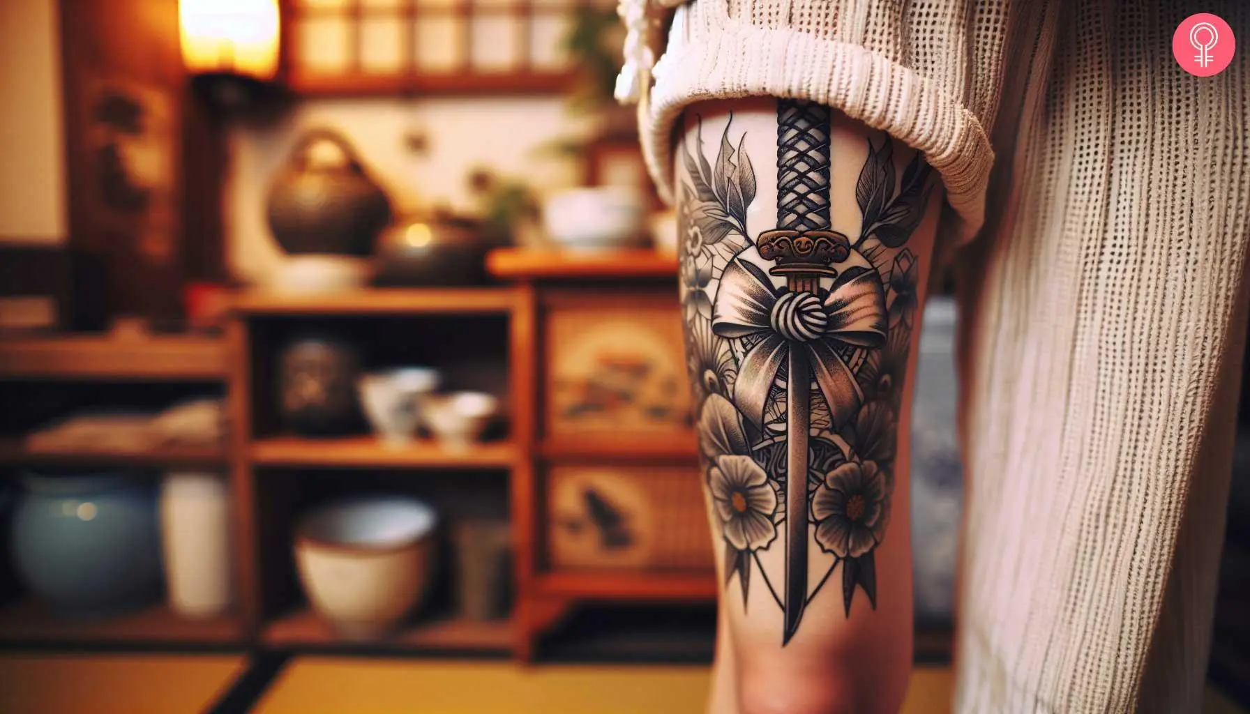 Bow tattoo on thigh of a woman