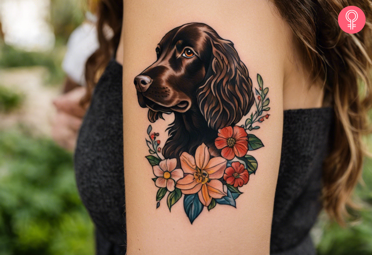 Boykin spaniel tattoo on the arm of a woman