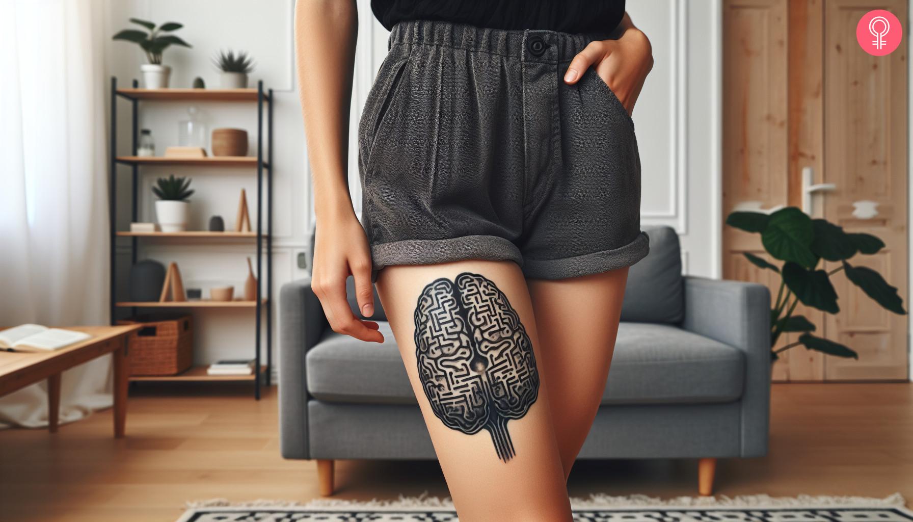 Brain maze tattoo on the thigh of a woman