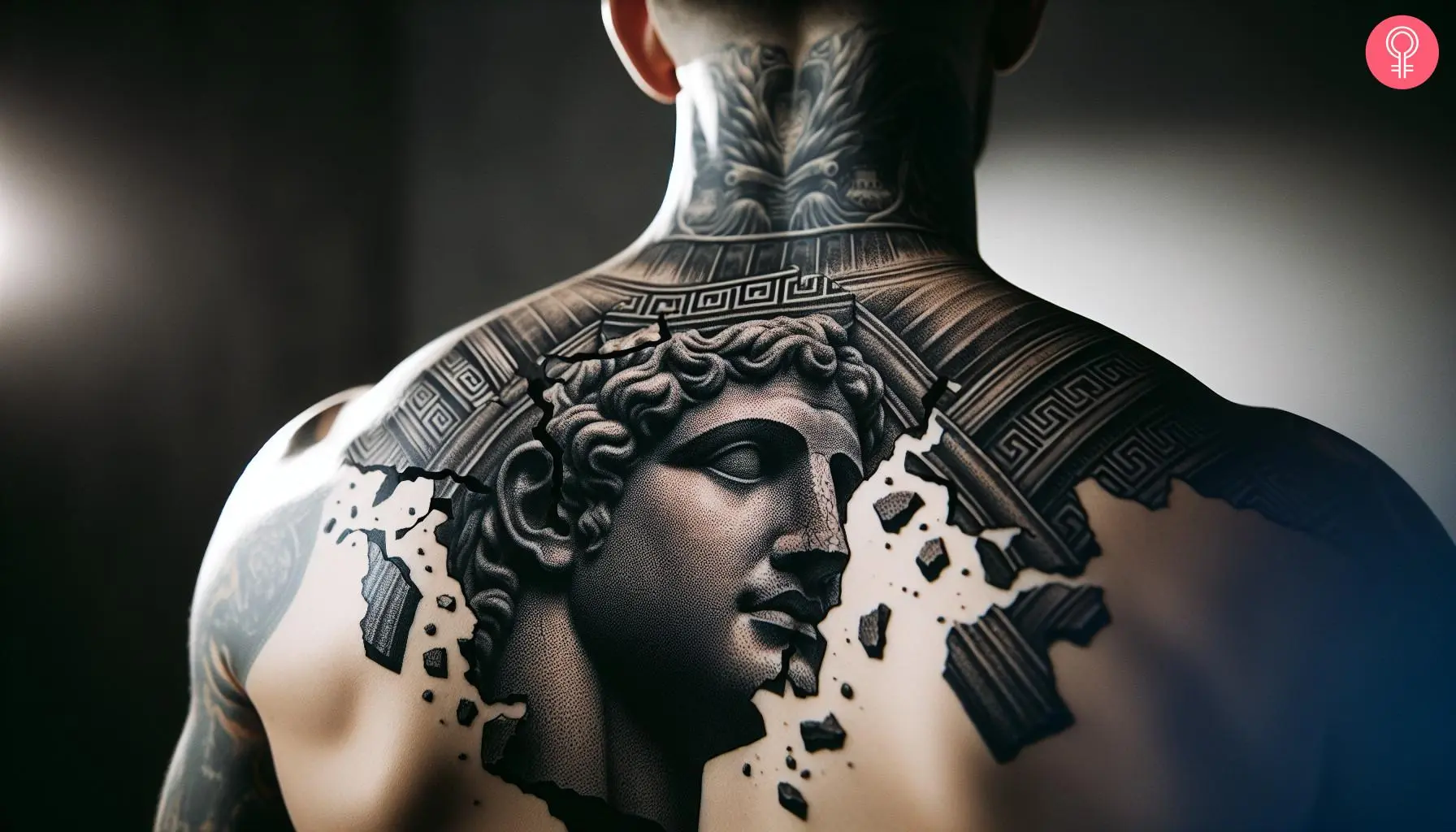 Broken Greek statue tattoo on the back of a man