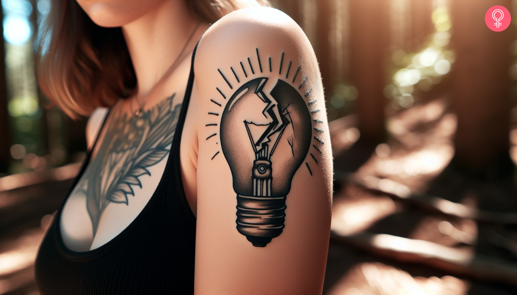 Broken light bulb tattoo on a woman’s upper arm