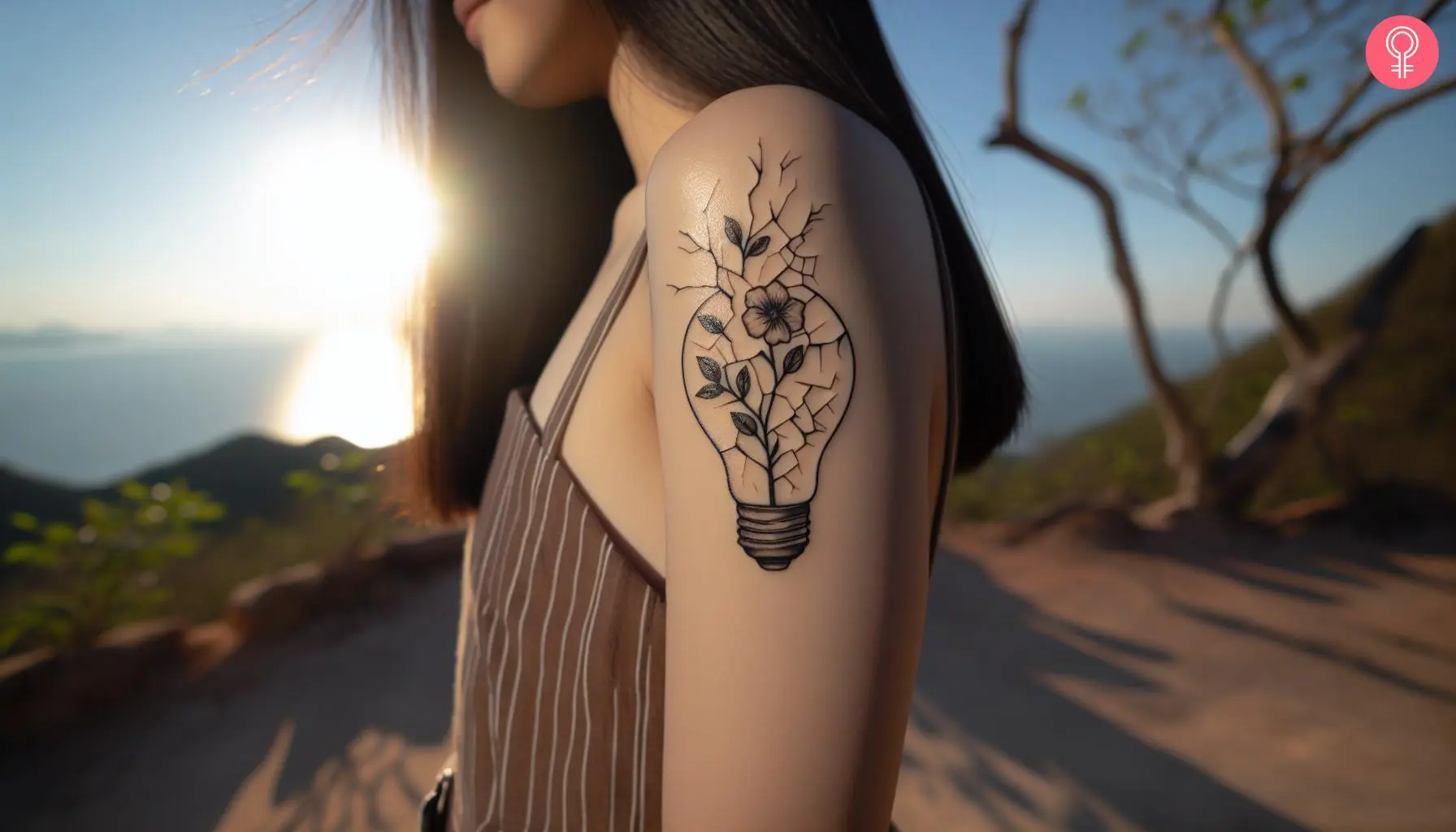 Broken light bulb with flowers tattooed on a woman’s upper arm