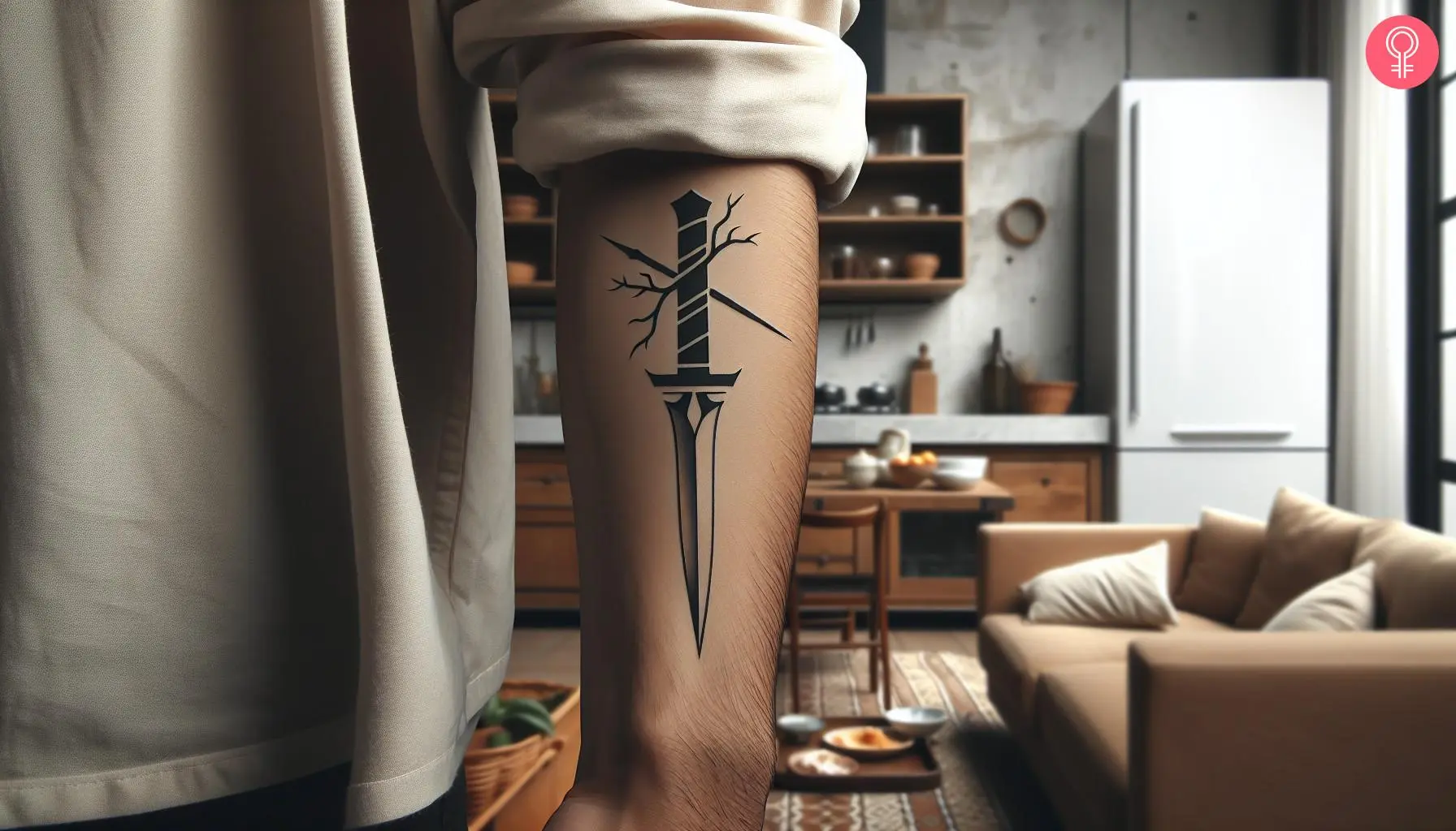 Broken blade tattoo on the lower arm of a man