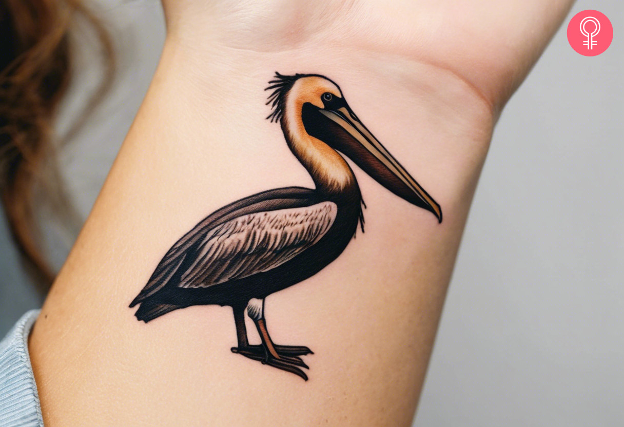 A small brown Pelican tattoo on the wrist