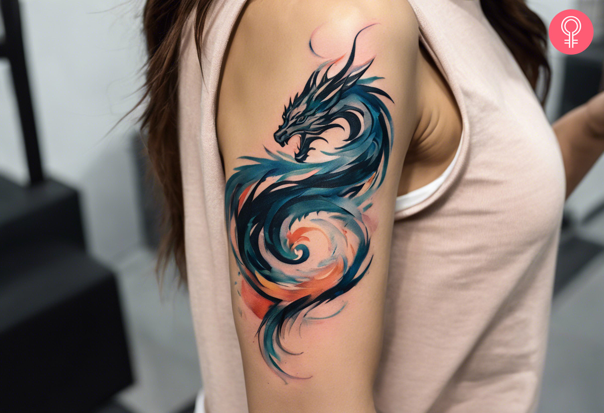 Brush stroke dragon tattoo on the upper arm