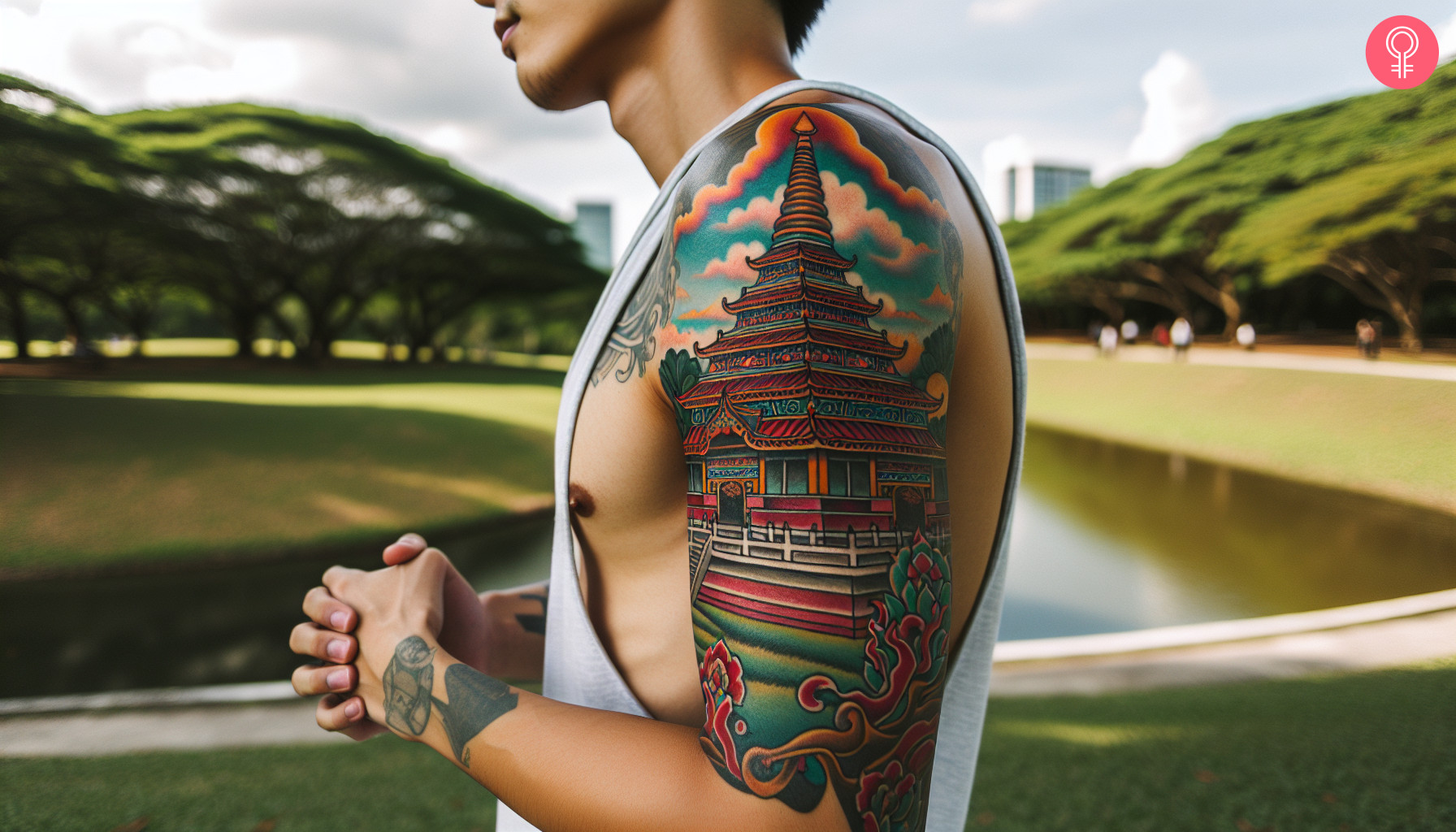 Buddhist temple tattoo on a man’s upper arm