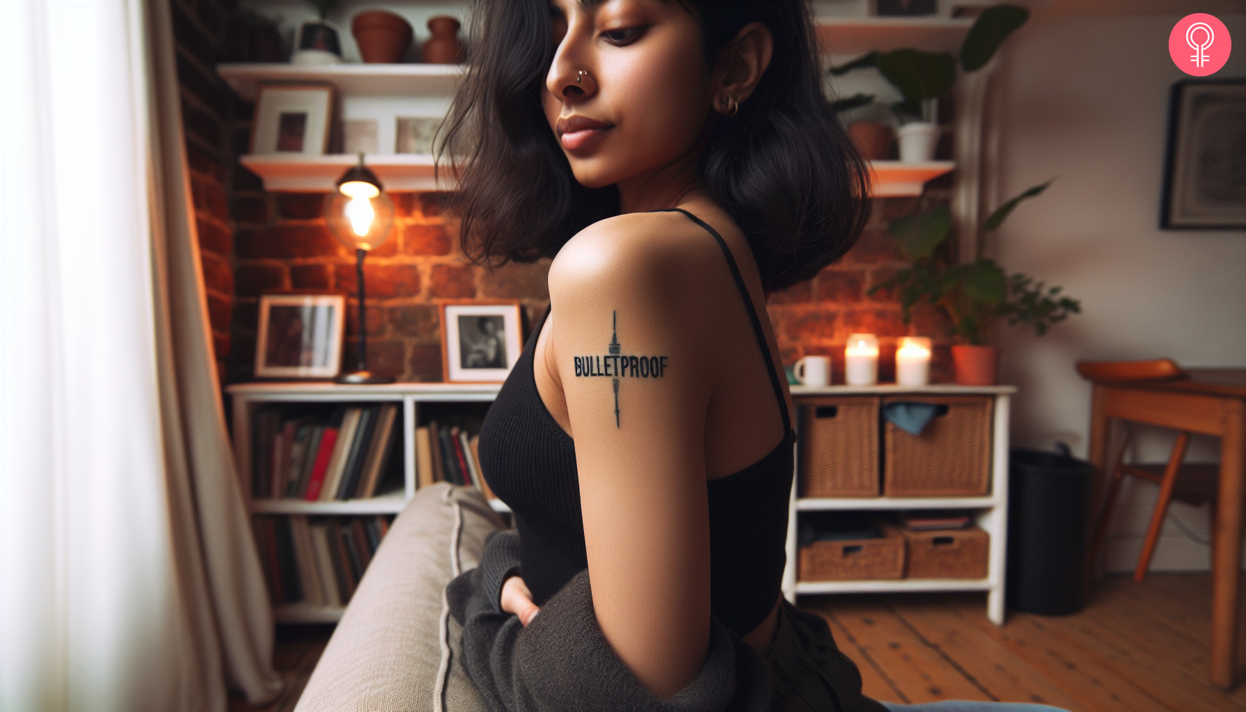 Woman with a bulletproof tattoo on the upper arm