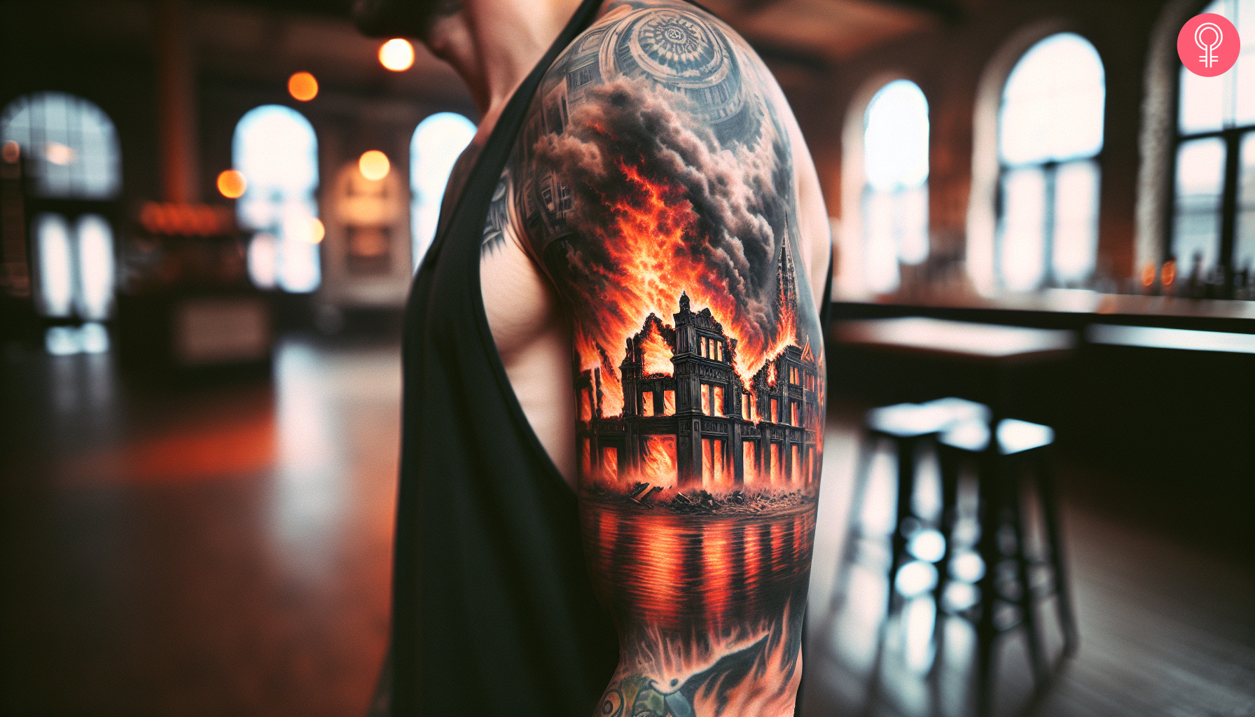 Burning building tattoo on the arm of a man