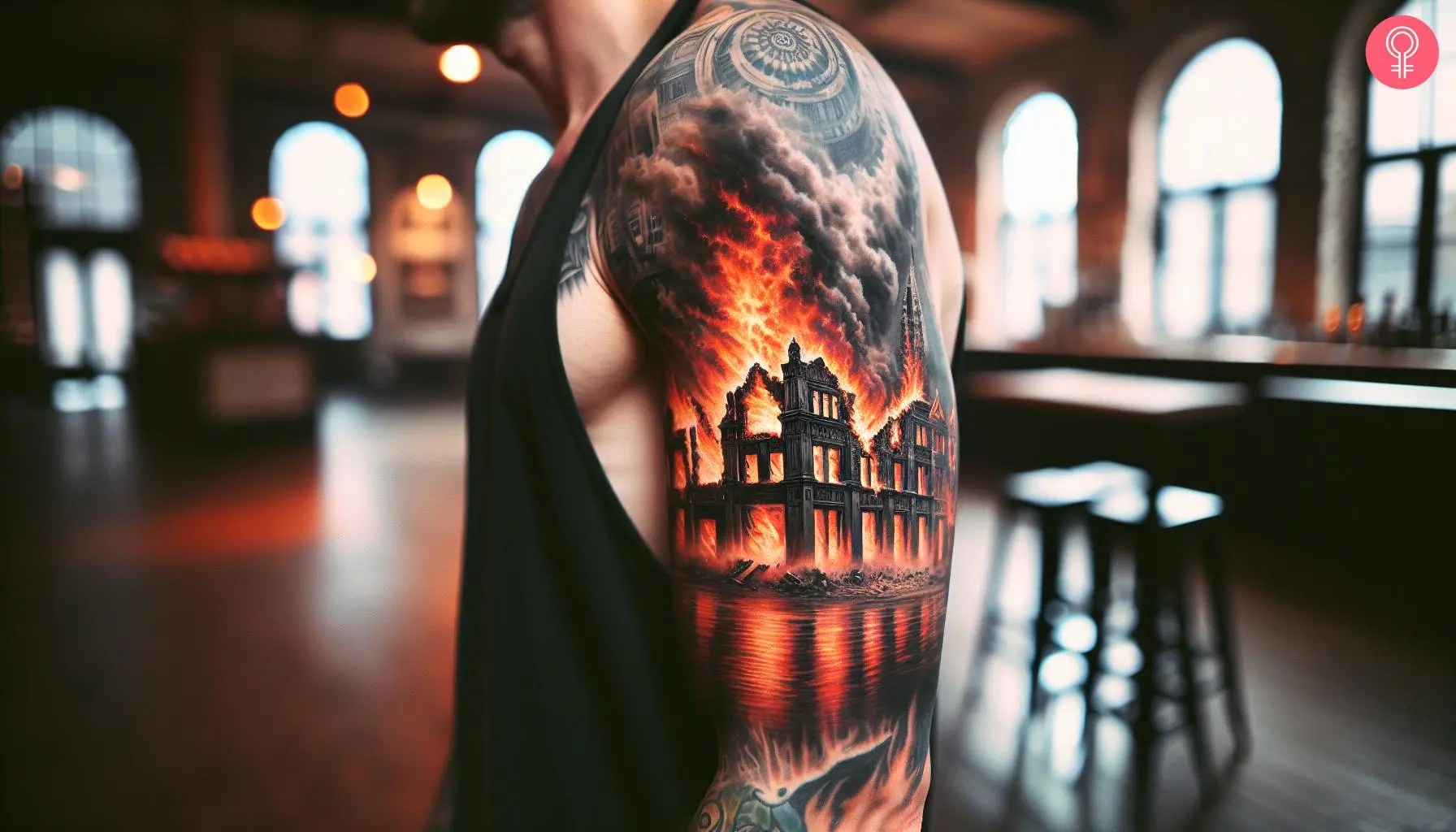 Burning building tattoo on the arm of a man