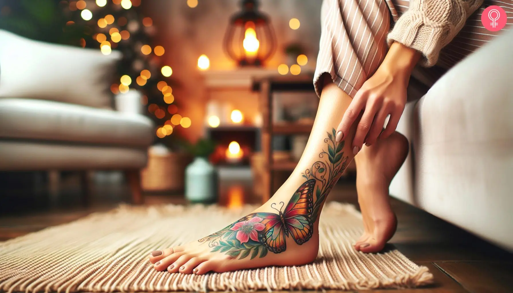 Woman with a butterfly and flower foot tattoo