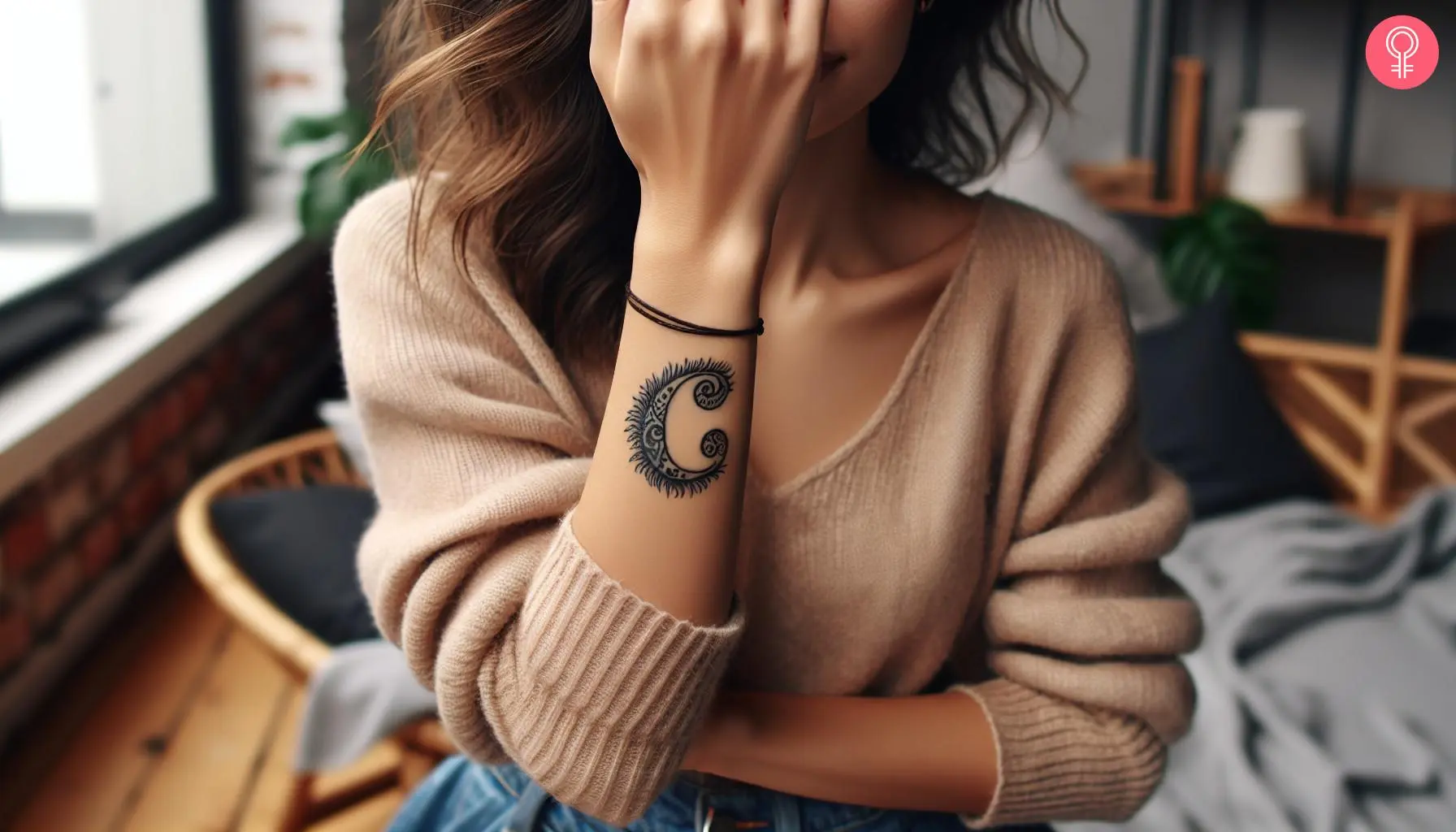 A whimsical tattoo featuring a letter 'C'