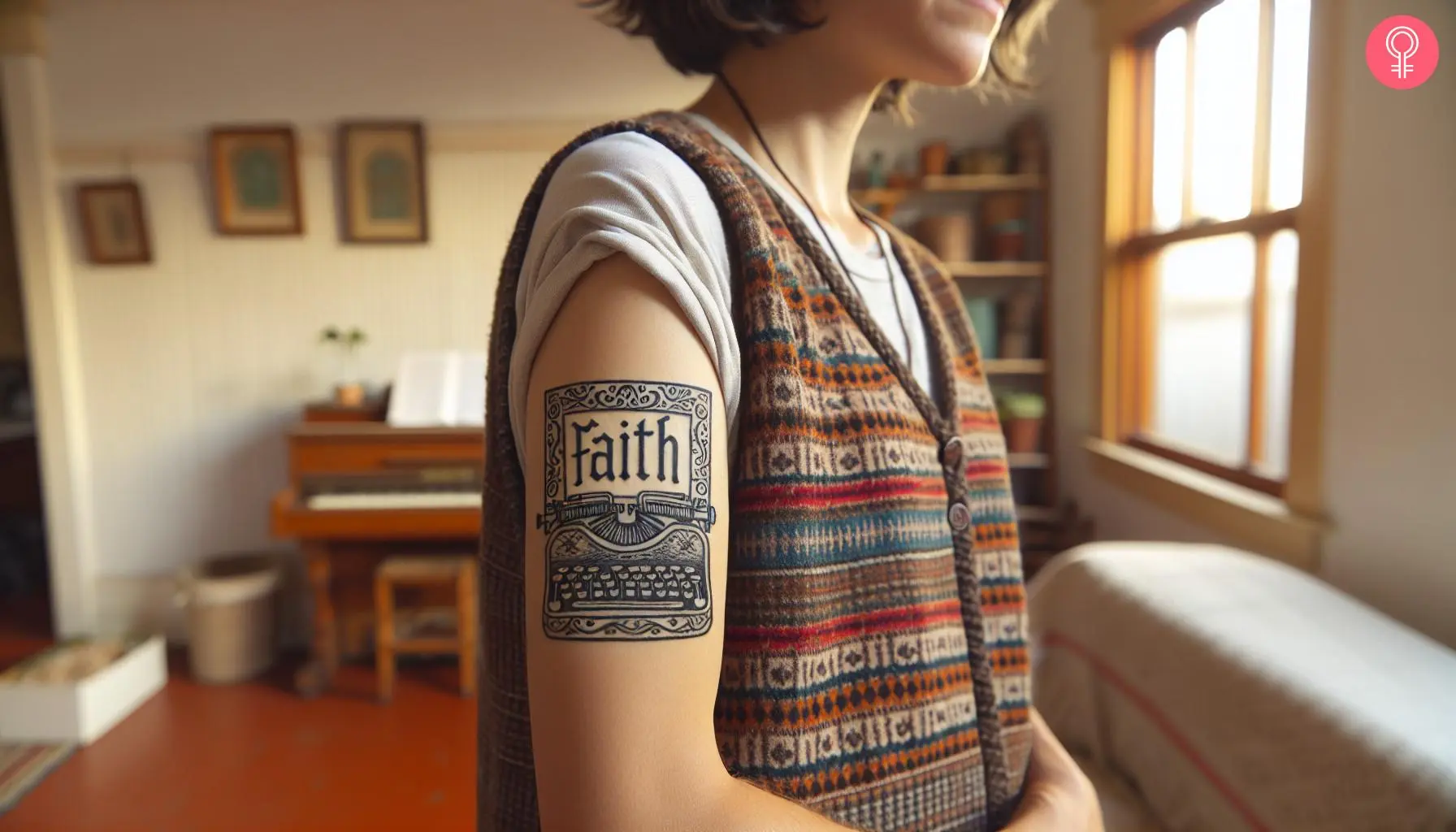 A woman with an elegant arm tattoo of the word ‘Faith’ written in calligraphy typewriter font