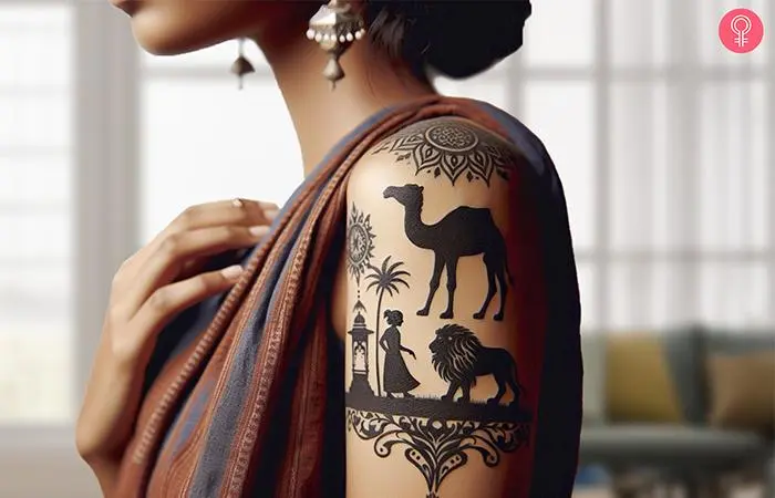 Woman with a camel, child, and lion tattoo on the upper arm