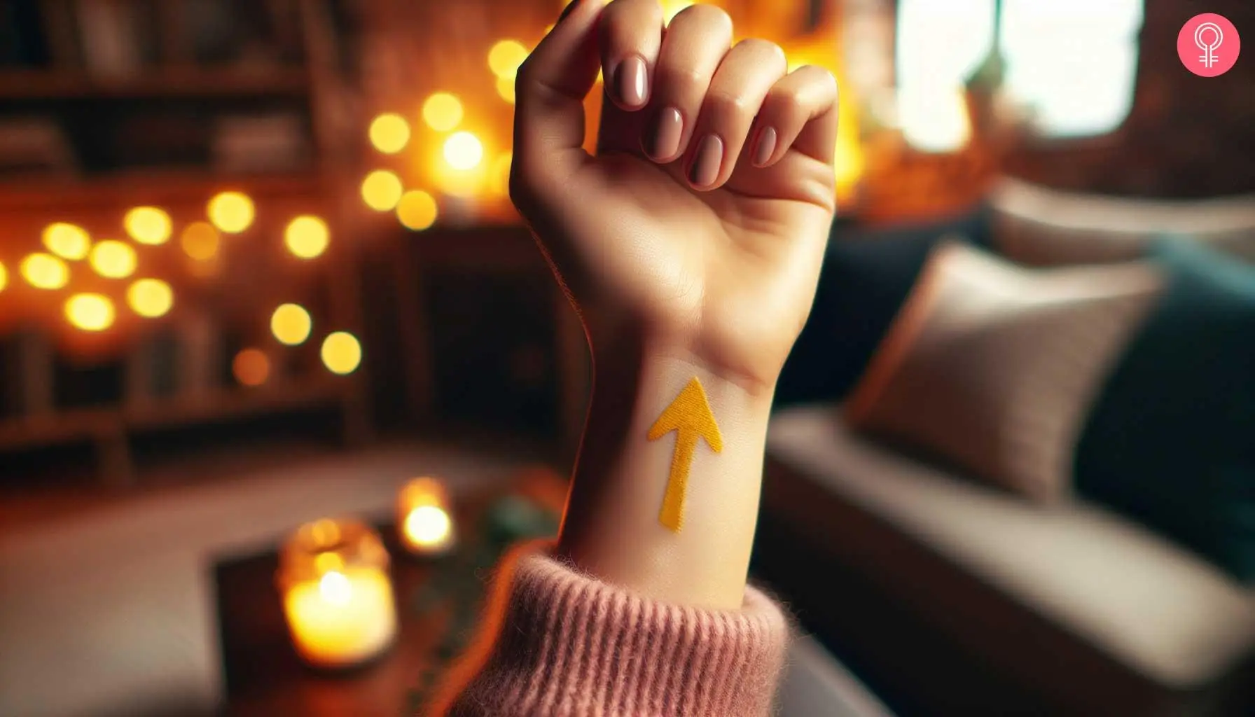 A Camino arrow tattoo on a woman’s wrist