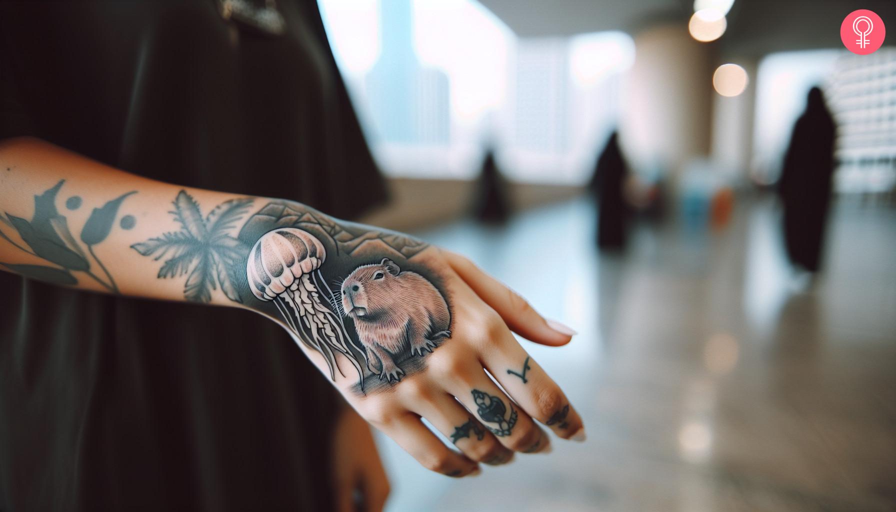 A tattoo on a woman’s hand featuring a capybara and a jellyfish