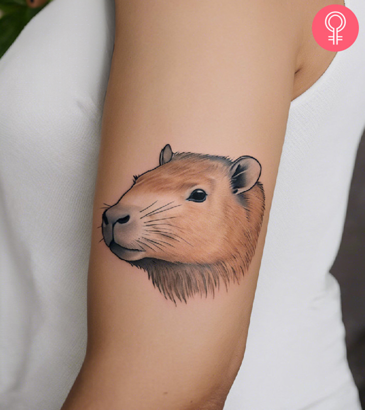 Capybara tattoo on a woman’s upper arm