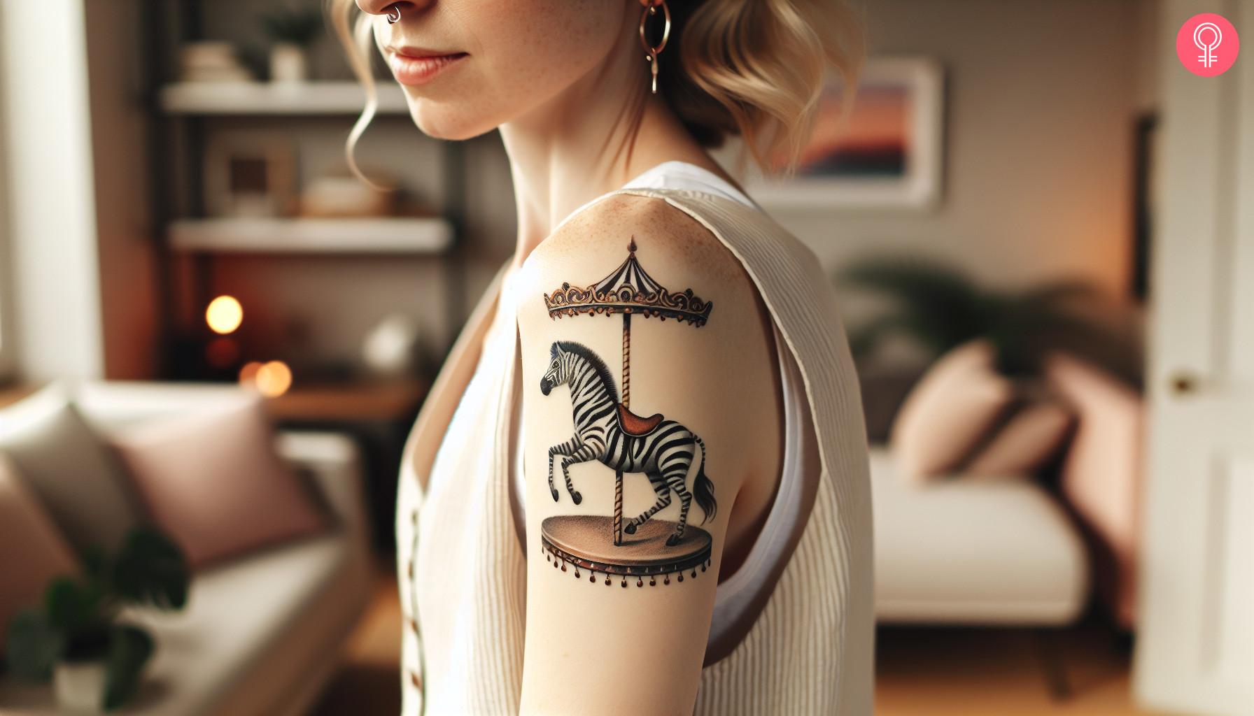 A carousel zebra tattoo design on the upper arm