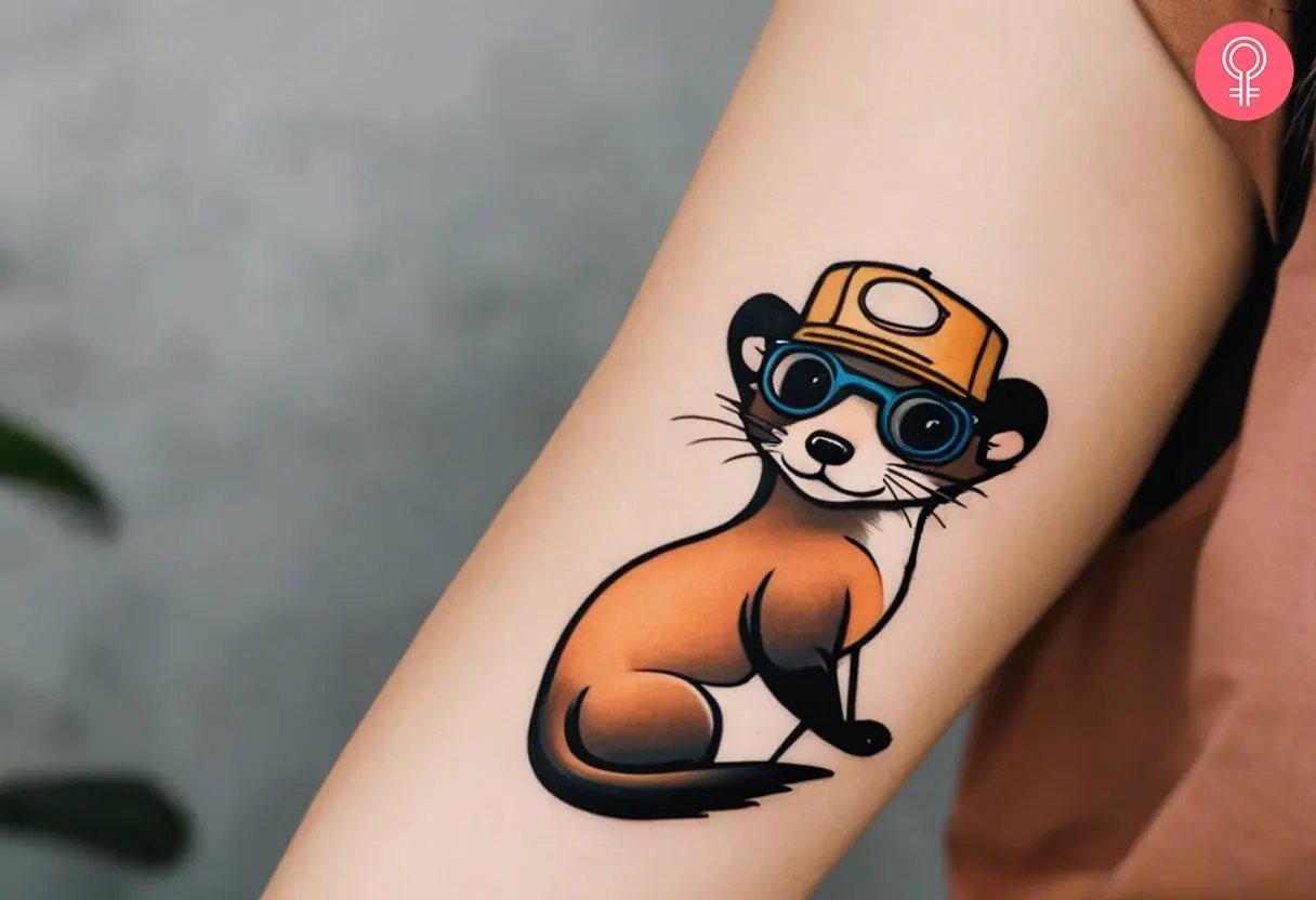 Cartoon ferret tattoo on the upper arm