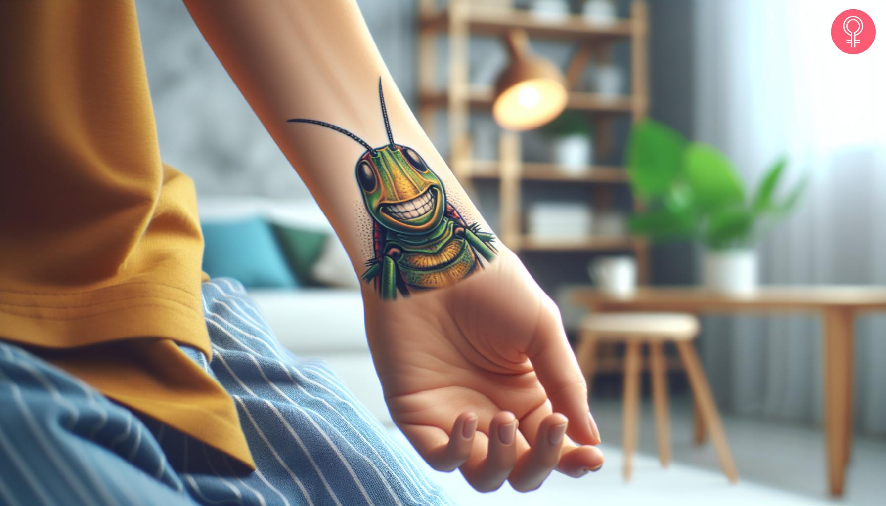 A cartoon grasshopper tattoo on a woman's wrist