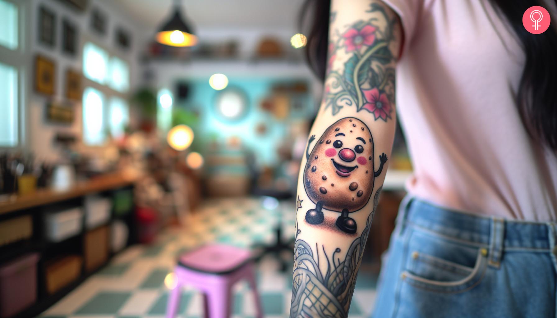 A cartoon potato tattoo on the forearm of a woman