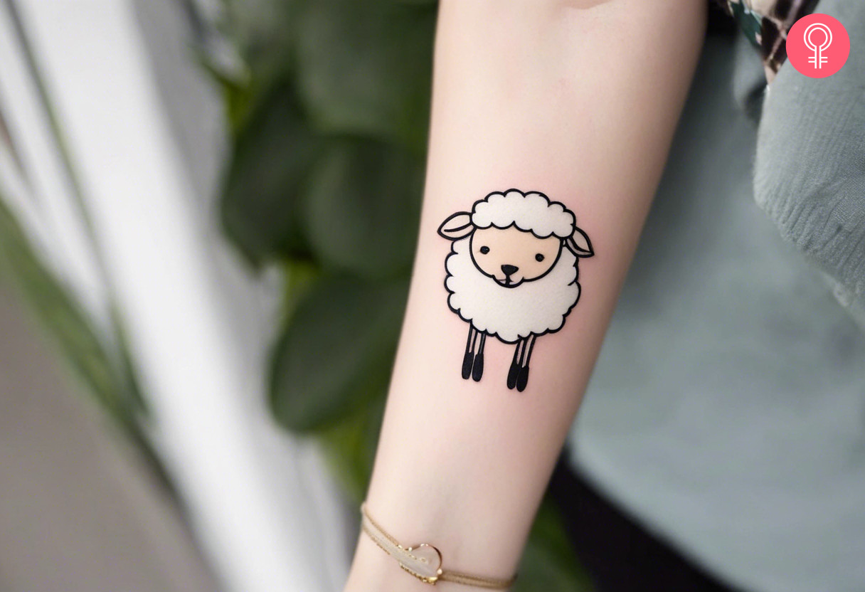 Cartoon sheep tattoo on the forearm of a woman