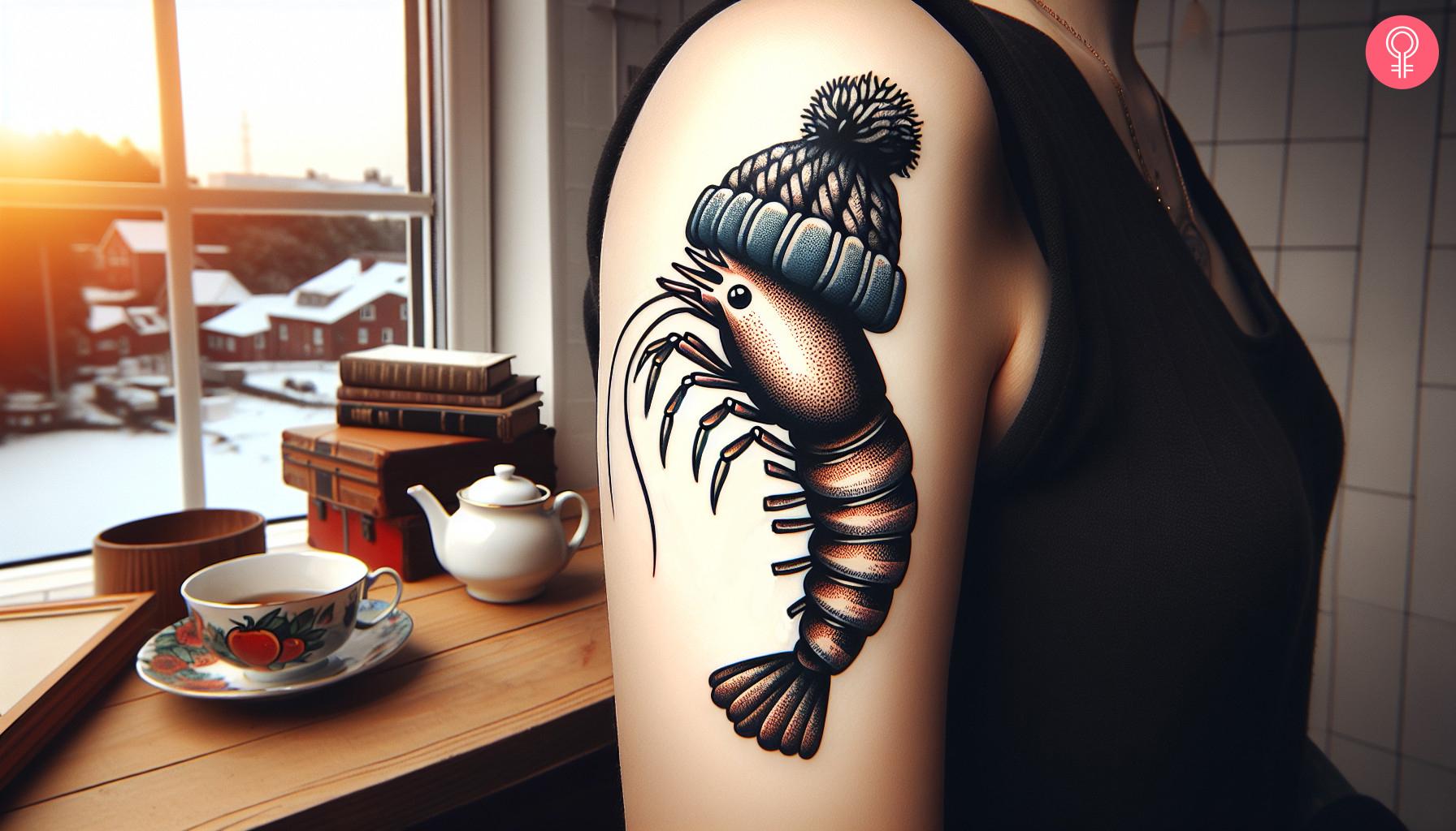 Cartoon shrimp tattoo with a knitted hat on the upper arm