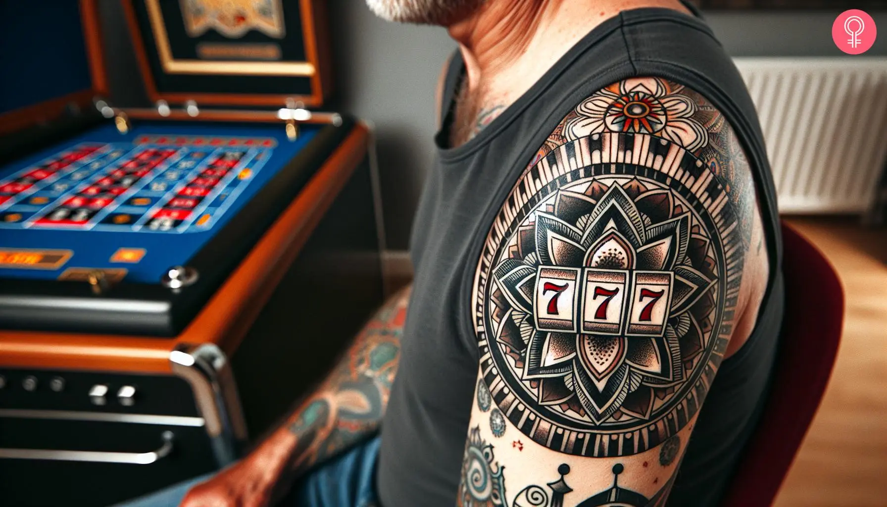 A 777 casino tattoo on a man’s upper arm