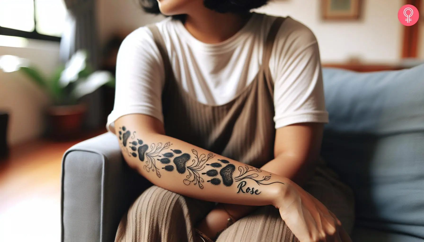 Cat paw tattoo with name on her forearm