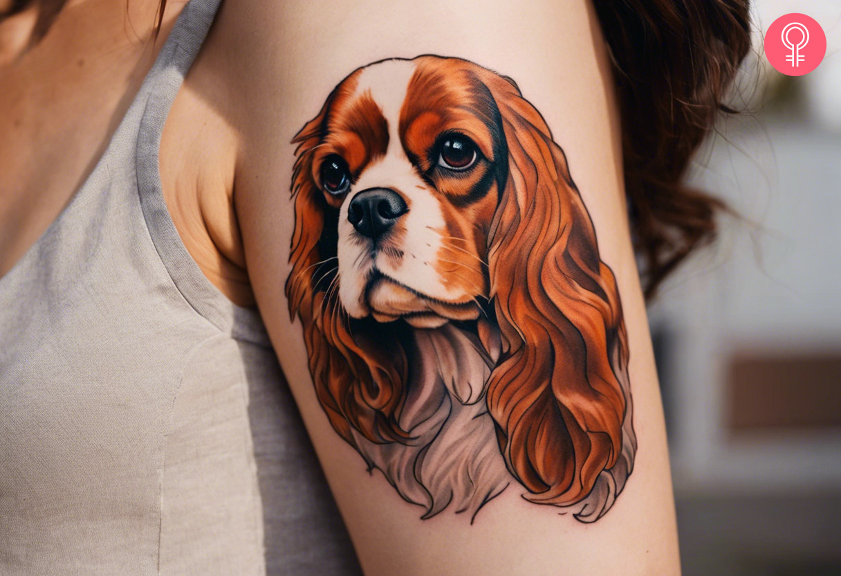 Cavalier King Charles spaniel tattoo on a woman’s arm