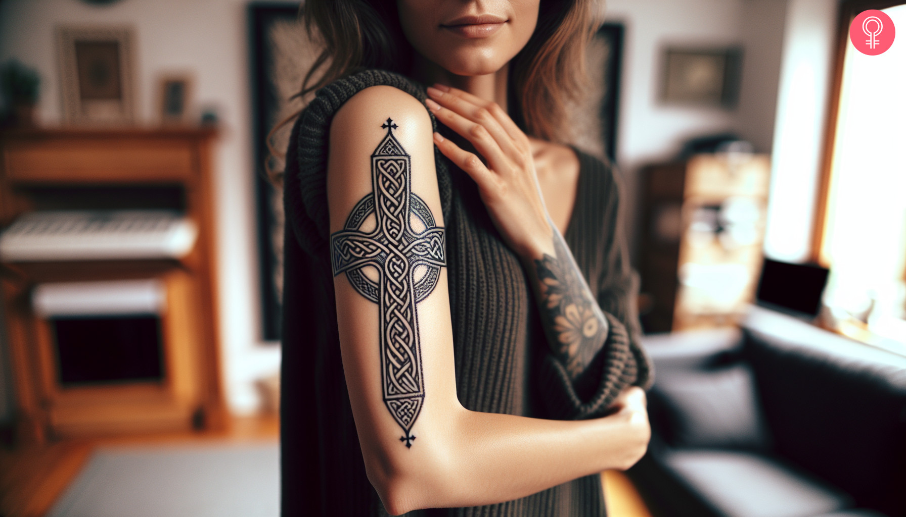 Celtic cross with trinity knot tattoo on the upper arm of a woman