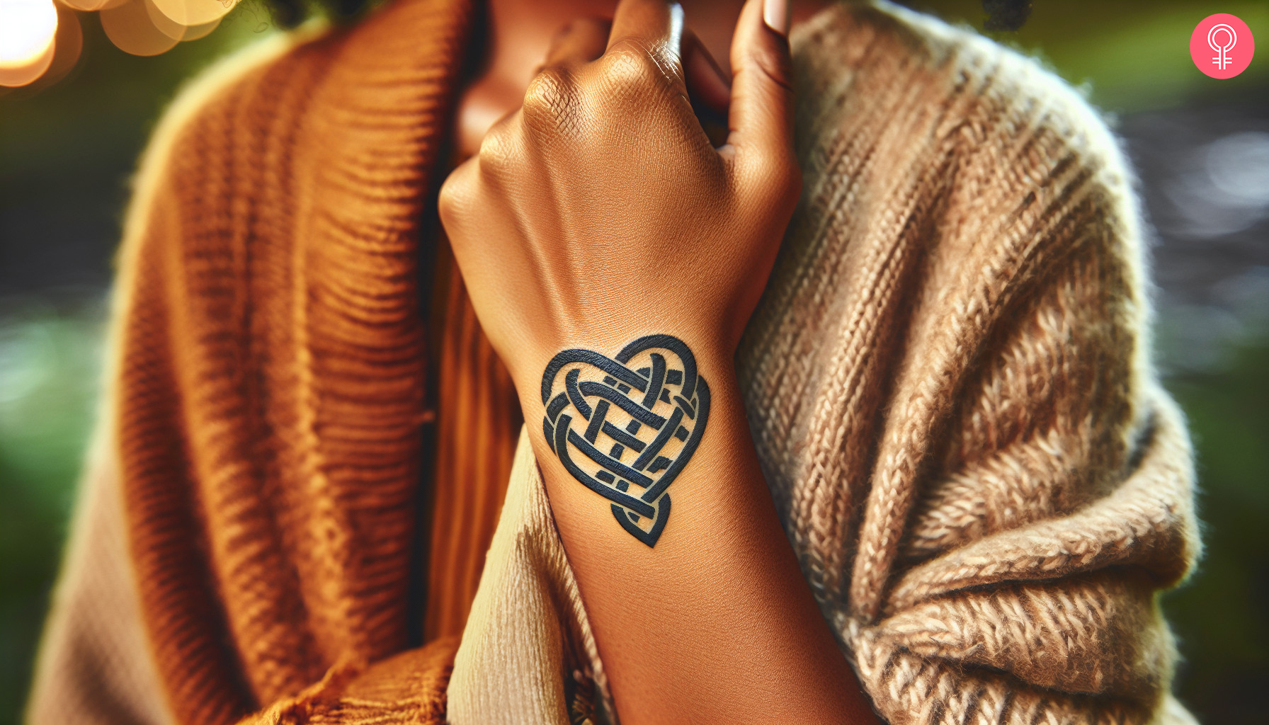 Woman with celtic love knot tattoo on her arm