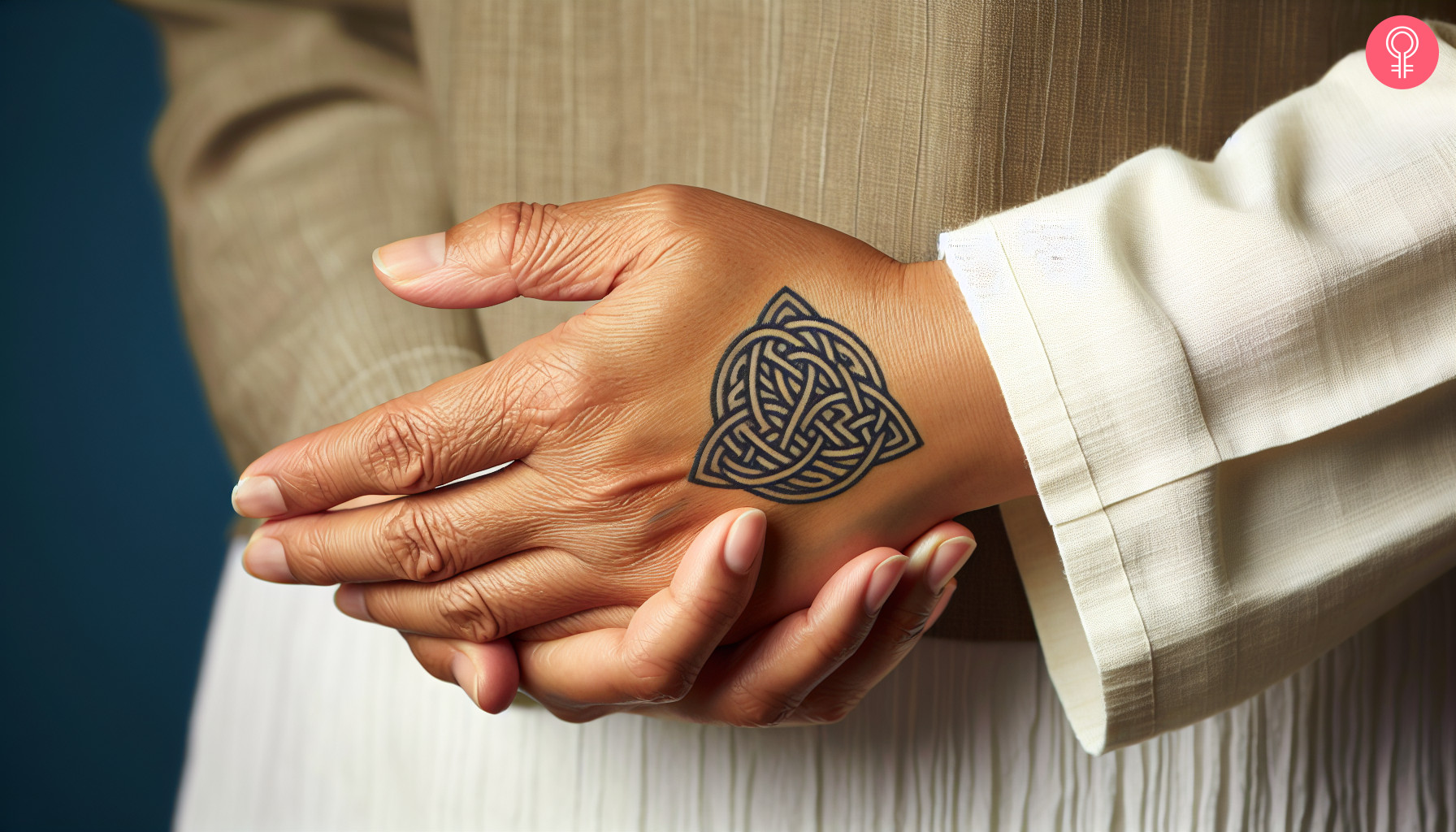 Woman with Celtic motherhood knot tattoo on her hand