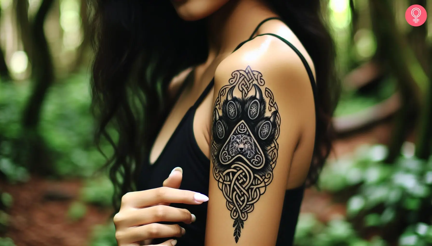 Celtic wolf paw tattoo on the upper arm of a woman