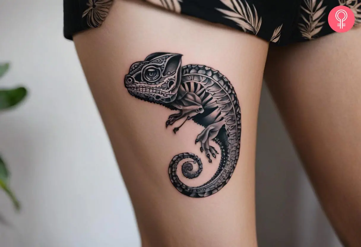 A chameleon skeleton on a woman’s thigh