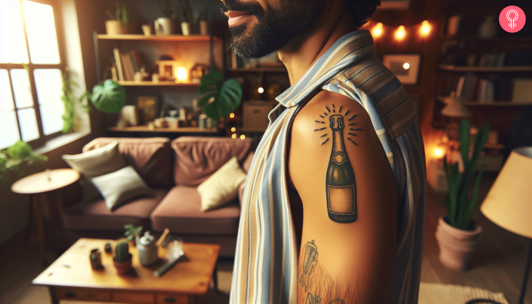 A champagne bottle tattoo on the upper arm of a man