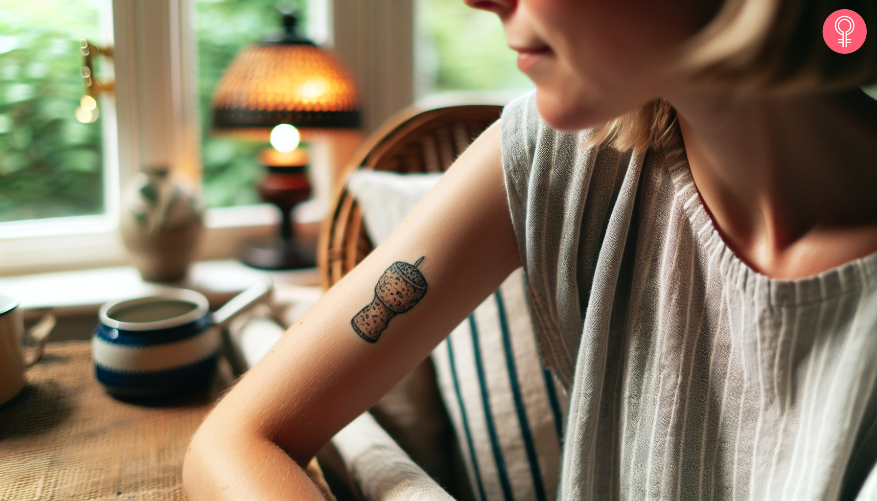 A champagne cork tattoo on the upper arm of a woman