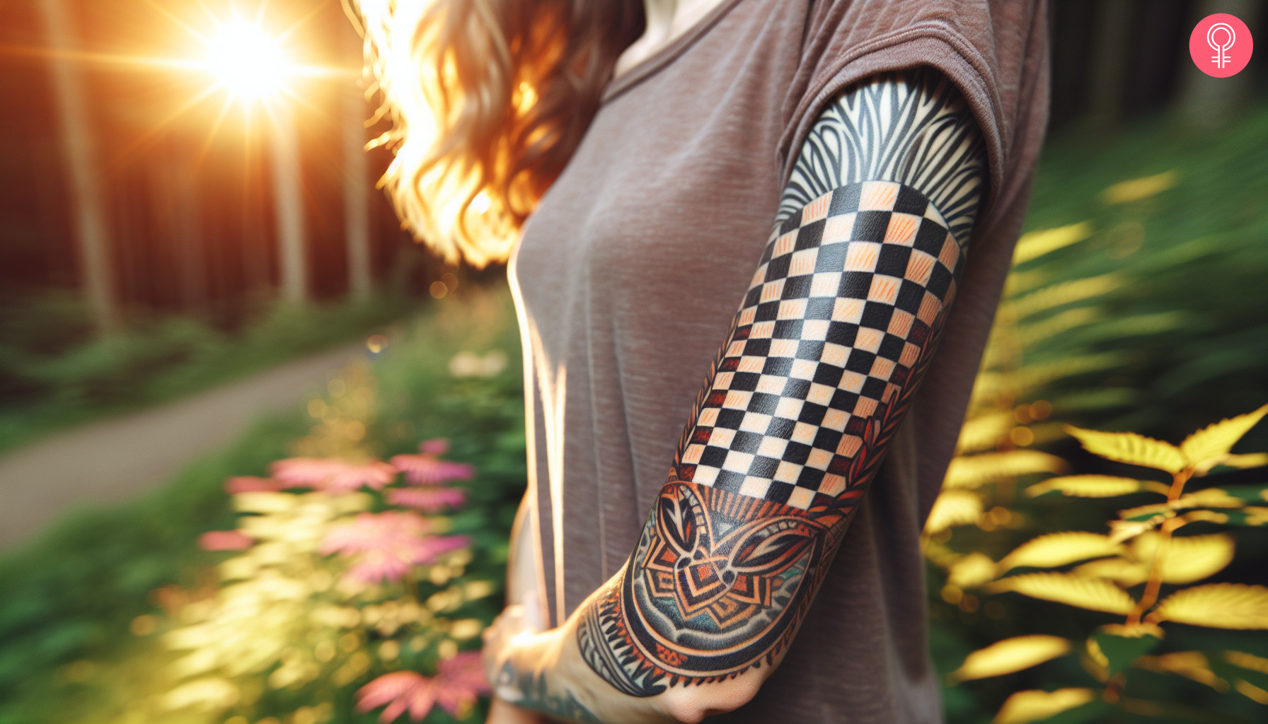 Woman wearing a checkered flag sleeve tattoo