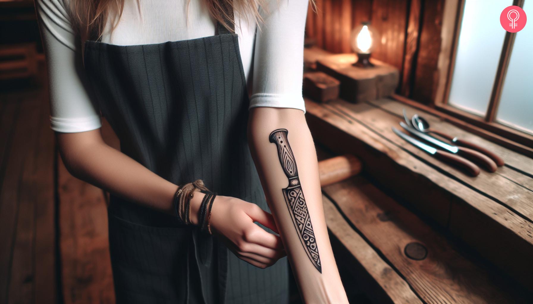 Chef knife tattoo on the forearm of a woman