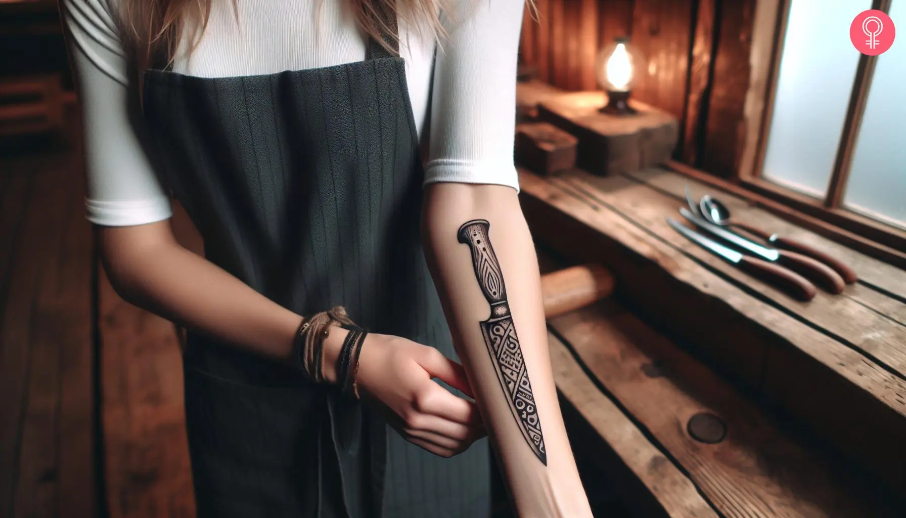 Chef knife tattoo on the forearm of a woman