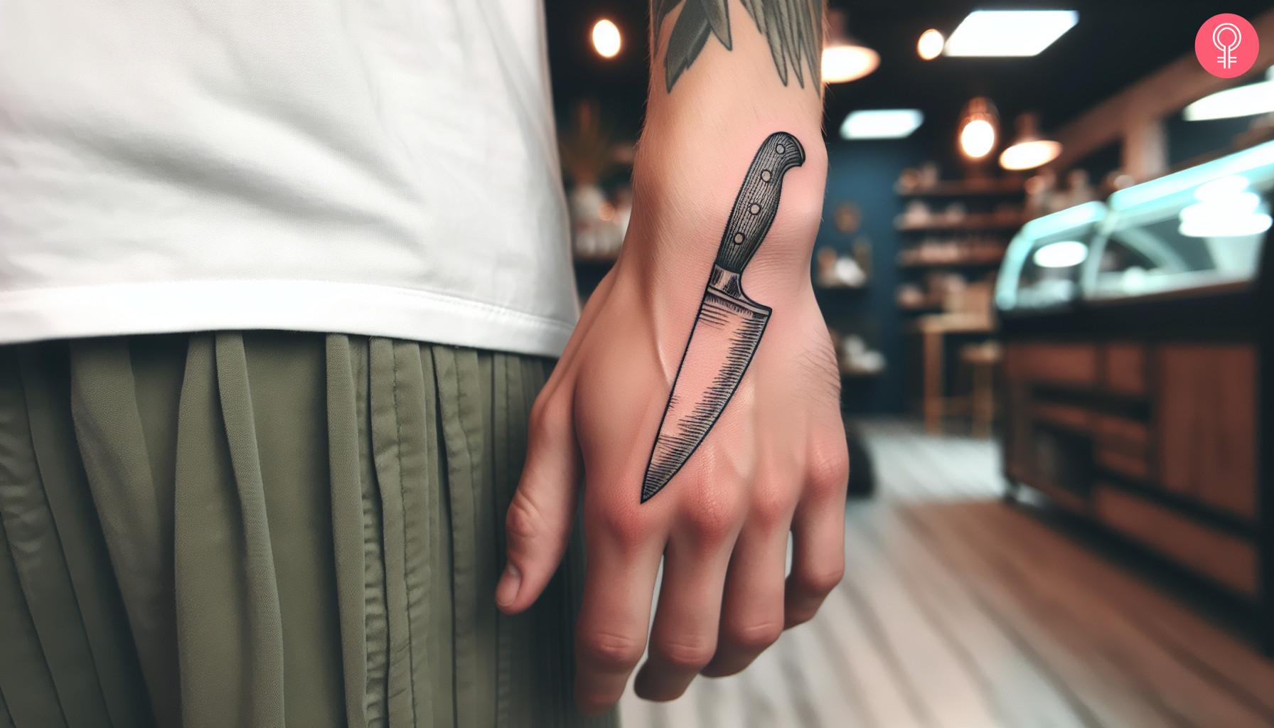 Chef knife tattoo on the hand of a man