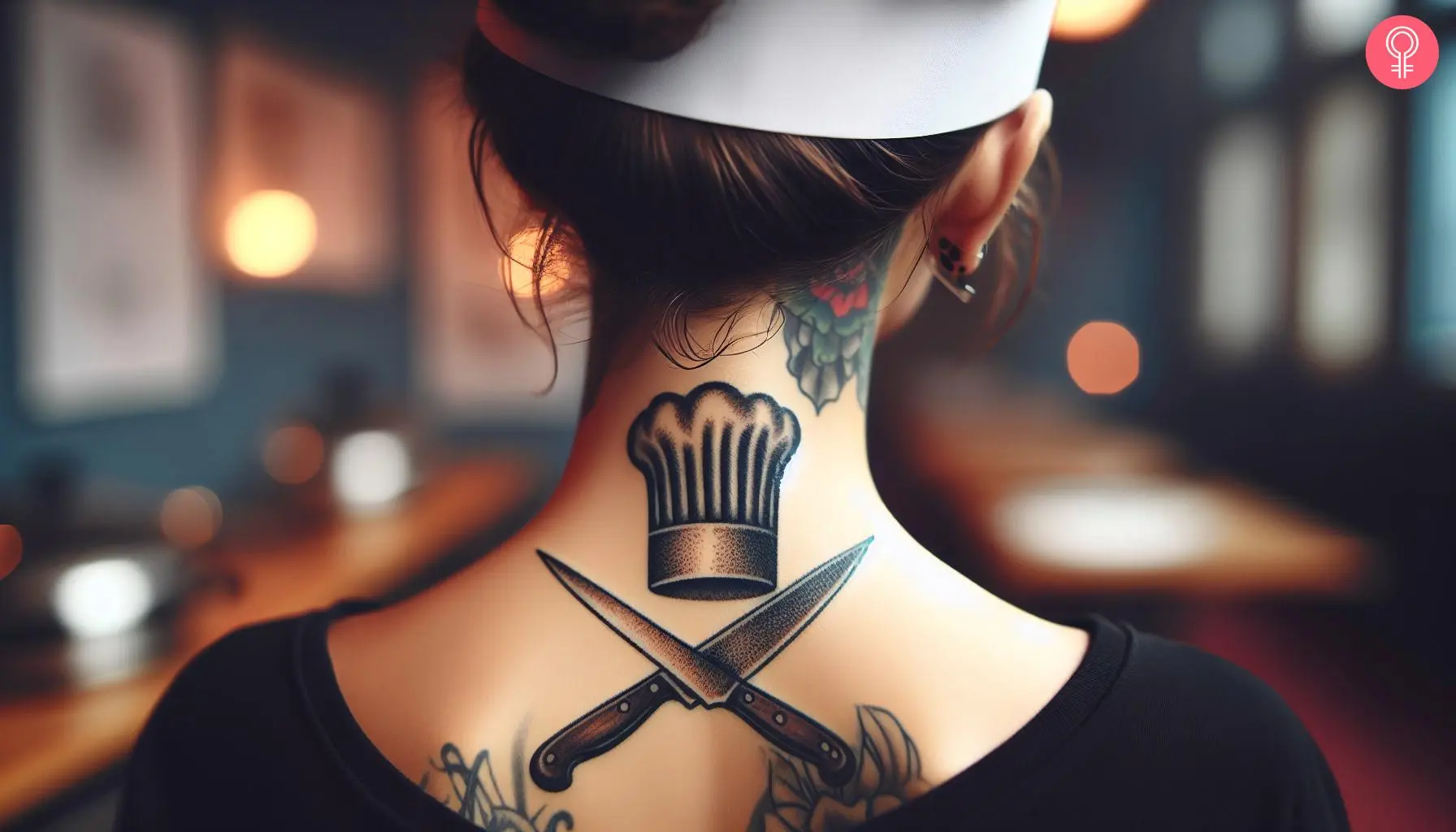 Chef knife tattoo on the neck of a woman