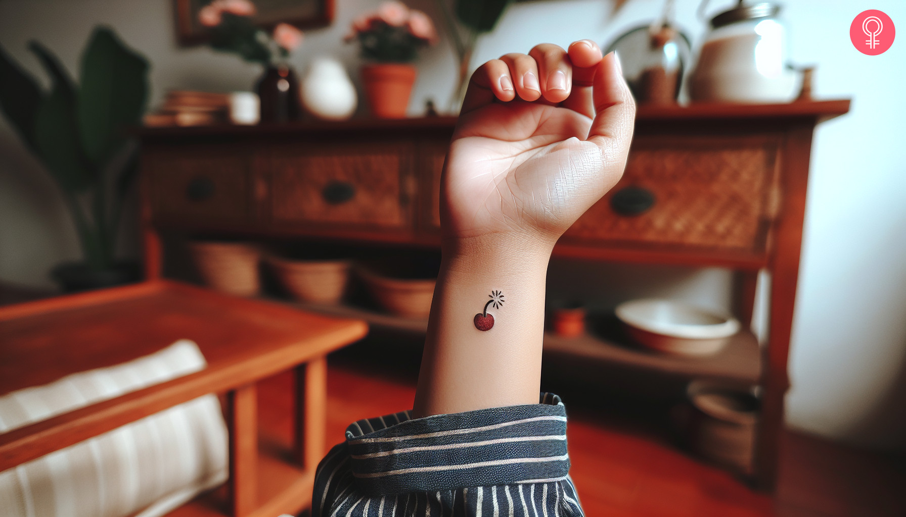 A cherry bomb tattoo on a woman’s wrist